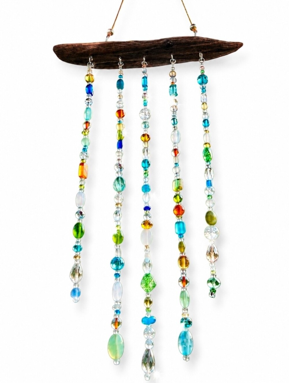 Handmade Driftwood Sun Catcher | Glass Bead Mobile | Coastal Boho Decor